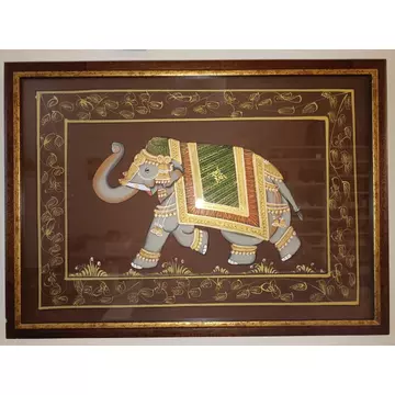 Balra néző elefánt festmény, kézzel festett selyemvásznon, kerettel