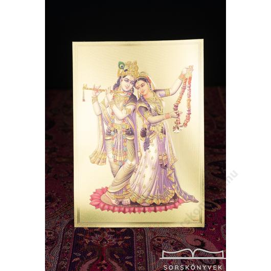 Radha, Krisna, arany háttér, piros lótuszon, Radha virágfüzérrel A4